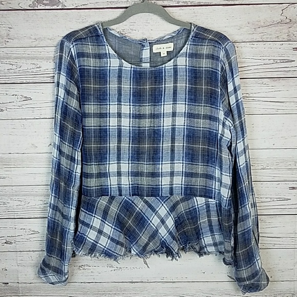 cloth & stone Tops - Cloth & Stone Blue & Gray Plaid Peplum Top